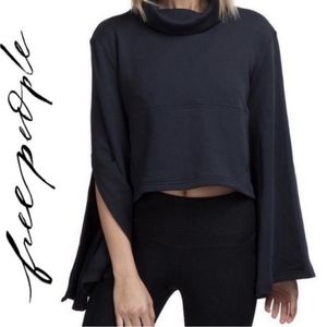 FREE PEOPLE Movement Salvation Navy Crop Bell Split Sleeve Sweatshirt Cowl Neck